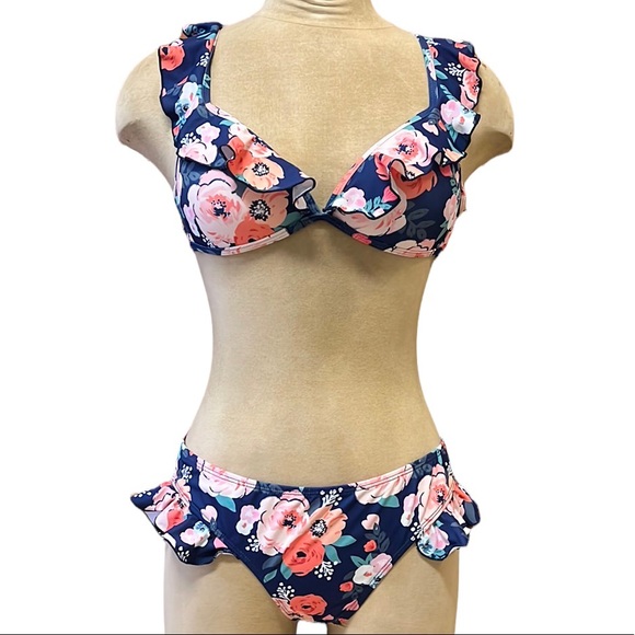 Floral Bikini Swimsuit Ruffle L Large New - Picture 1 of 4